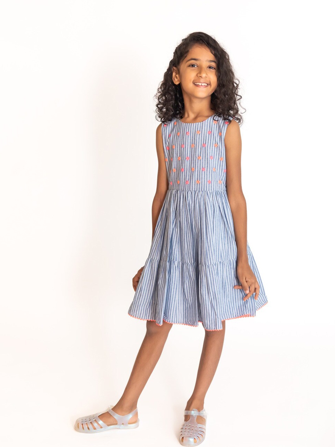 

A Little Fable Girls Striped Gathered Cotton Fit & Flare Dress, Blue