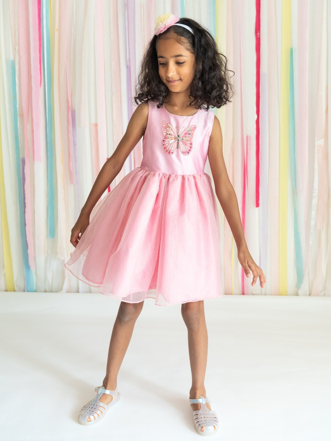 

A Little Fable Girls Embellished Round Neck Gathered Fit & Flare Dress, Pink