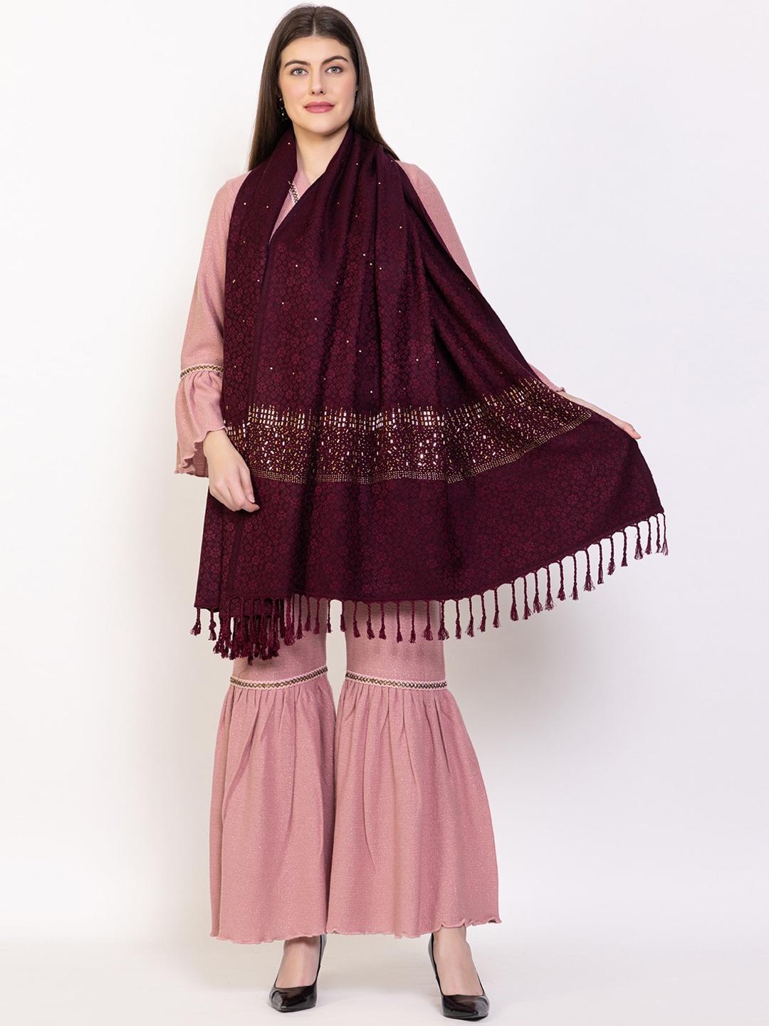 

VH Floral Woven Design Sequinned Pure Woolen Shawl, Burgundy