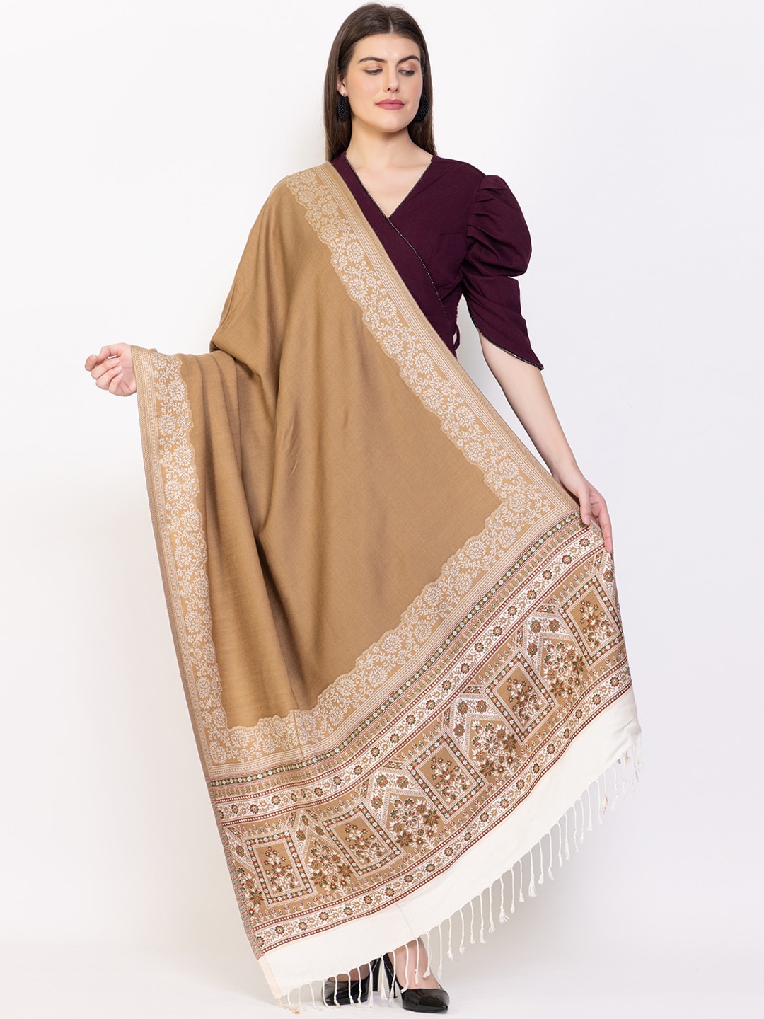 

VH Woven Design Tasseled Pure Wool Shawl, Beige