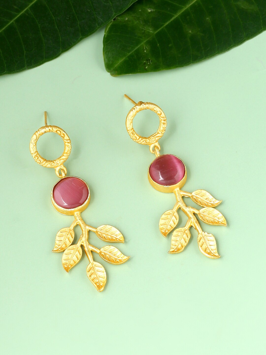 

CELEBRAVO Brass-Plated Leaf Shaped Drop Earrings, Pink