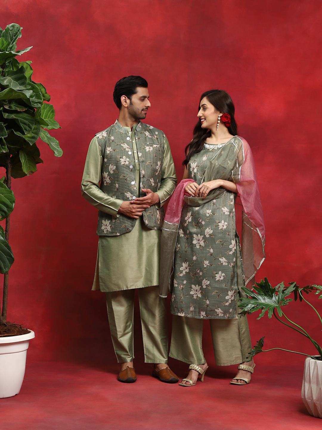 

AKS Mandarin Collar Kurta with Churidar & Nehru Jacket, Green