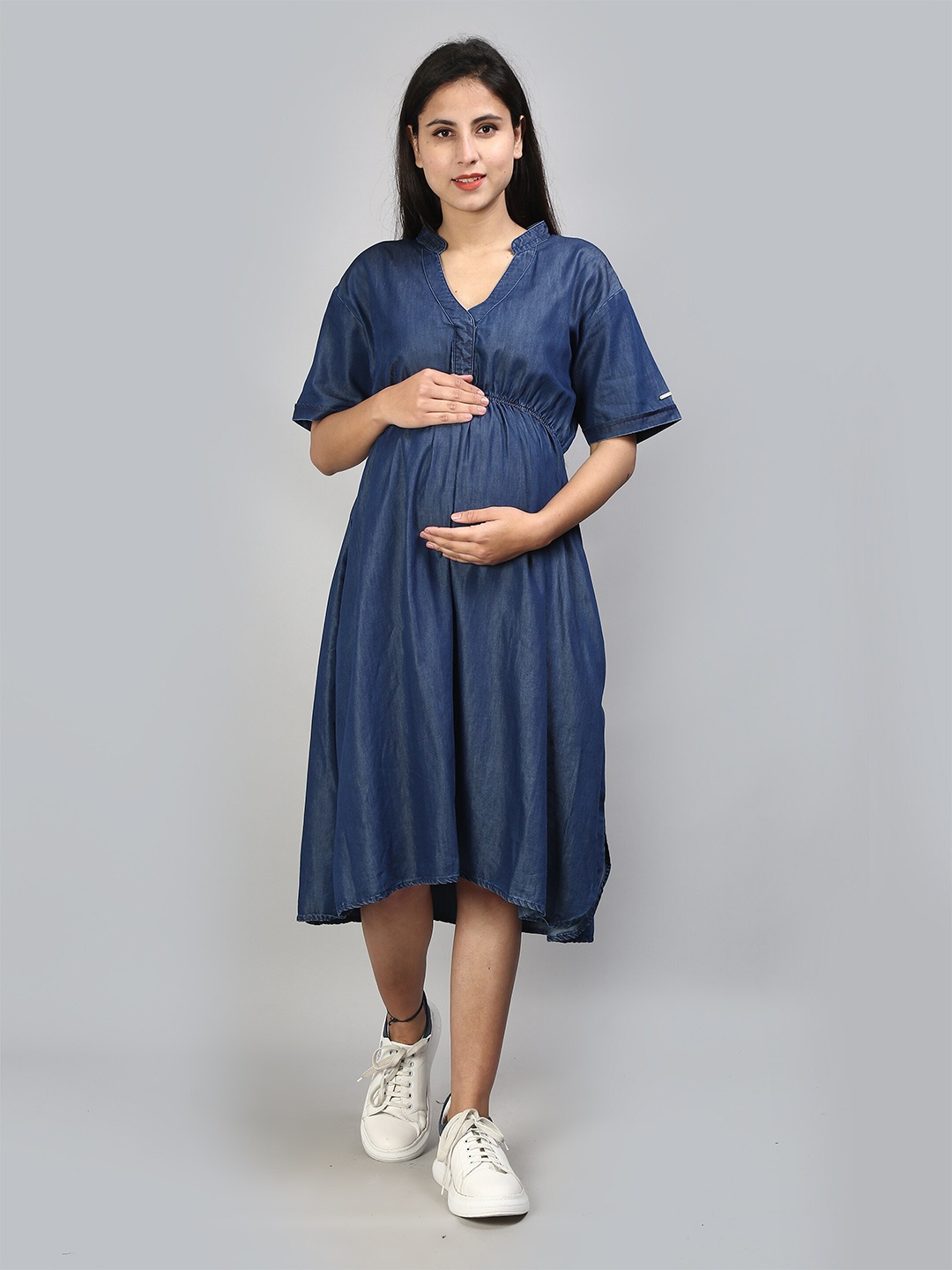 

VYN Maternity Mandarin Collar Denim Cotton A-Line Dress, Blue