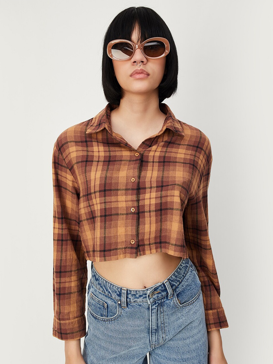 

max Tartan Checked Pure Cotton Shirt, Brown