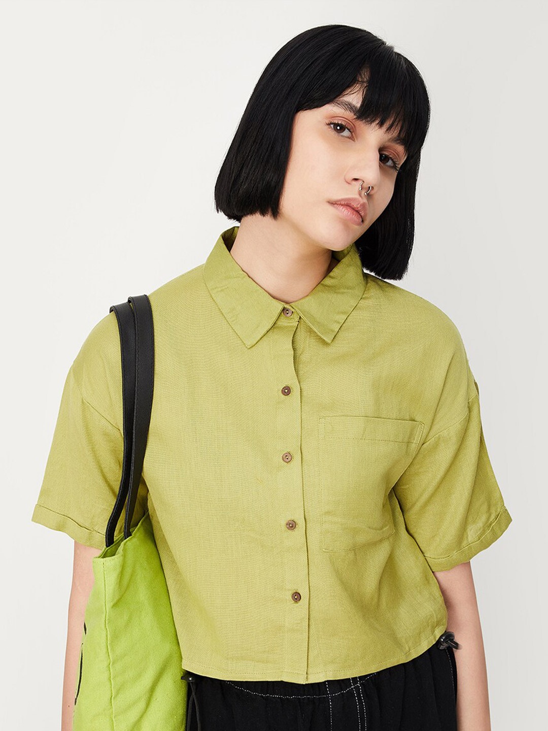 

max Spread Collar Drop Shoulder Pure Cotton Shirt, Green
