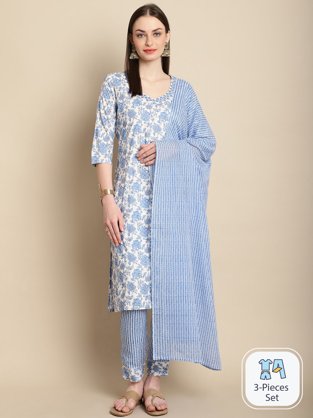 

KALINI Floral Printed Mirror Work Kurta With Trousers & Dupatta, Blue