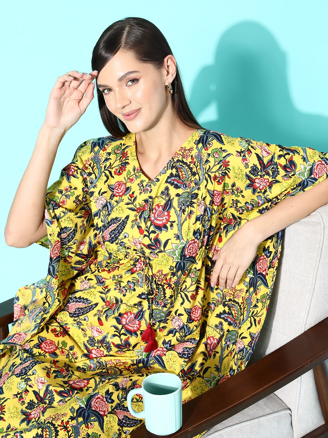

ETC Floral Printed Midi Kaftan Nightdress, Yellow