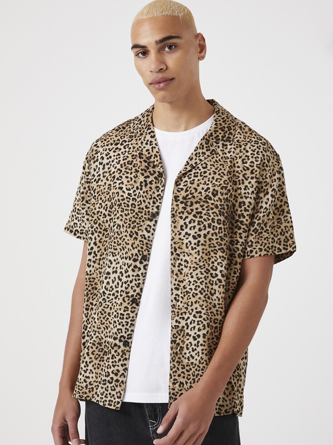 

FOREVER 21 Animal Printed Cuban Collar Casual Shirt, Beige