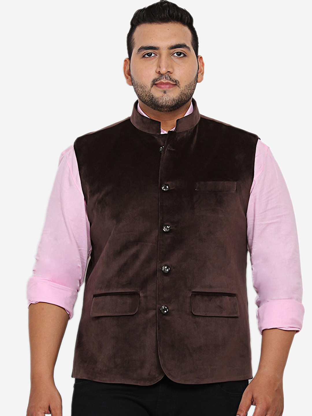 

John Pride Plus Size Sleeveless Velvet Nehru Jacket, Brown