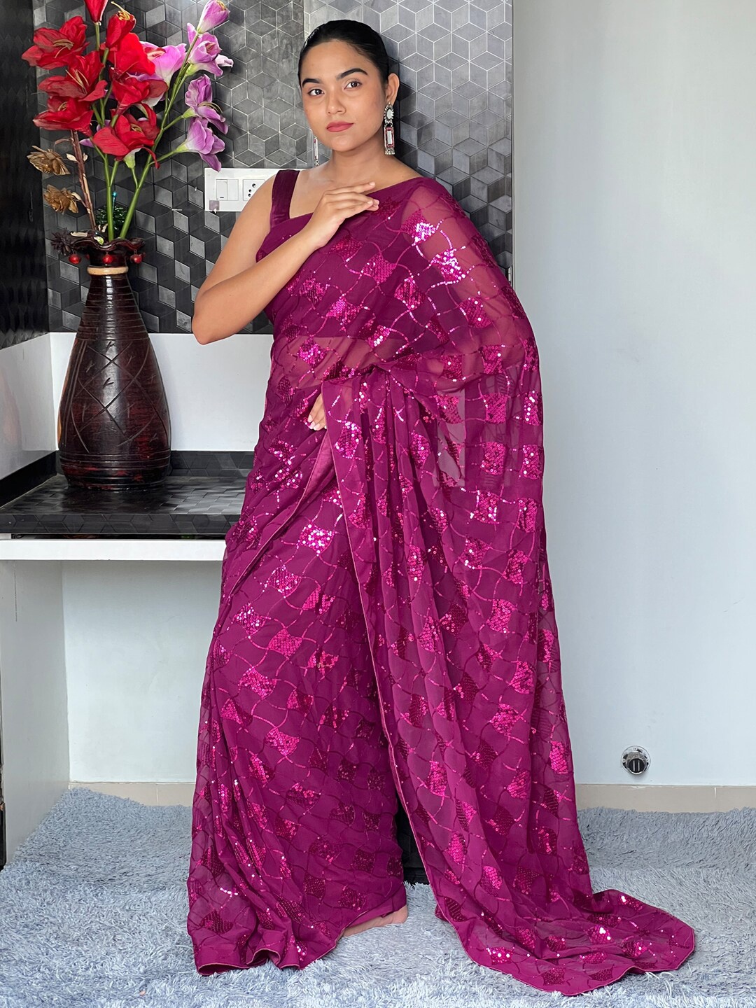

Mitera Embellished Sequinned Poly Georgette Saree, Magenta