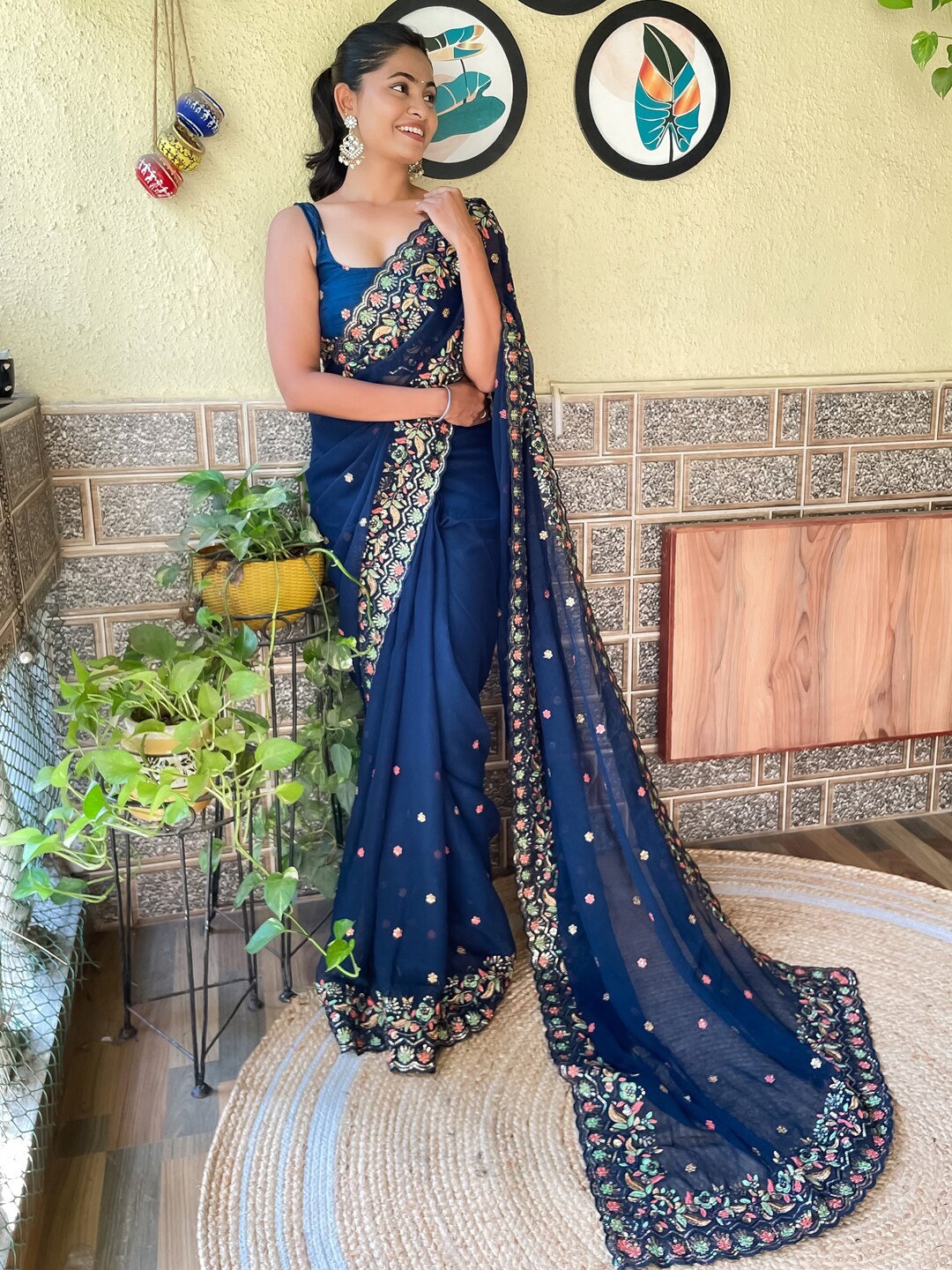 

Mitera Floral Embroidered Sequinned Pure Georgette Saree, Navy blue