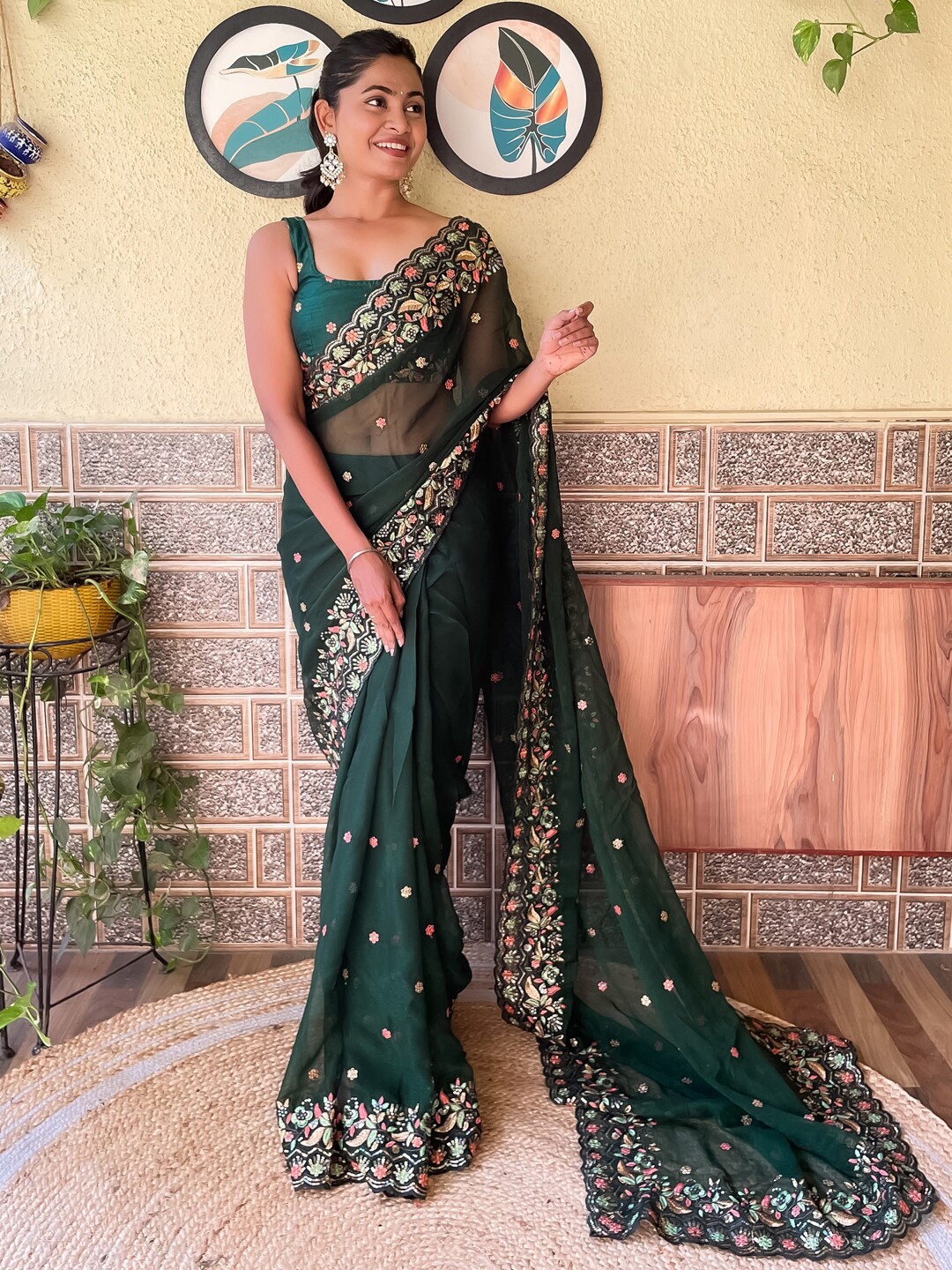

Mitera Floral Embroidered Sequinned Saree, Green
