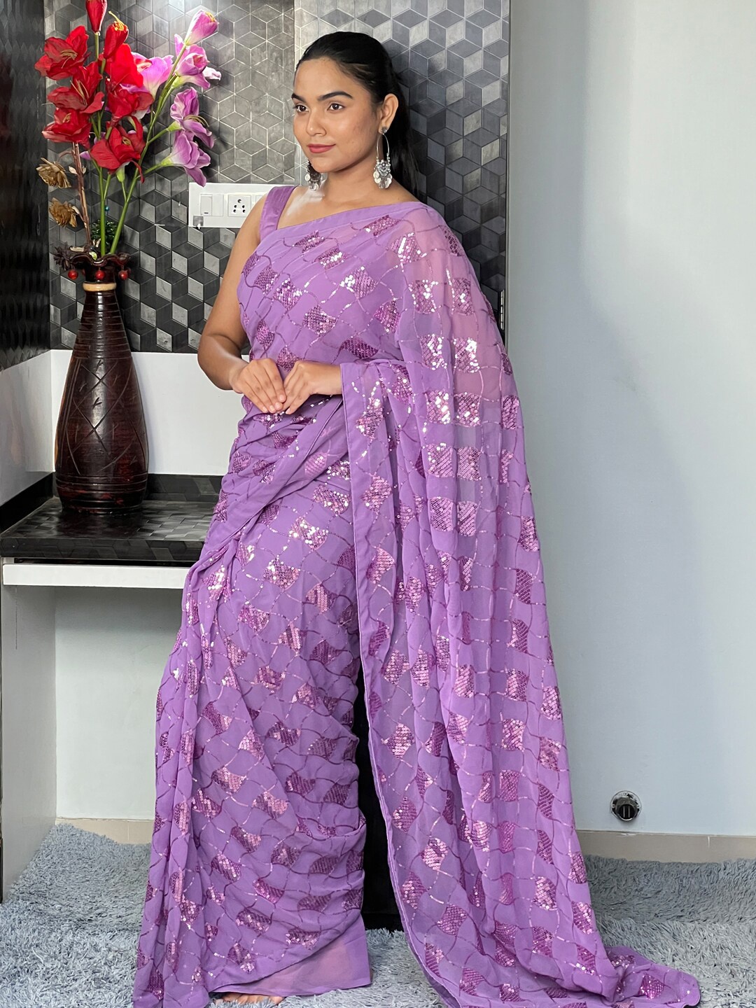

Mitera Embellished Sequinned Pure Georgette Saree, Lavender