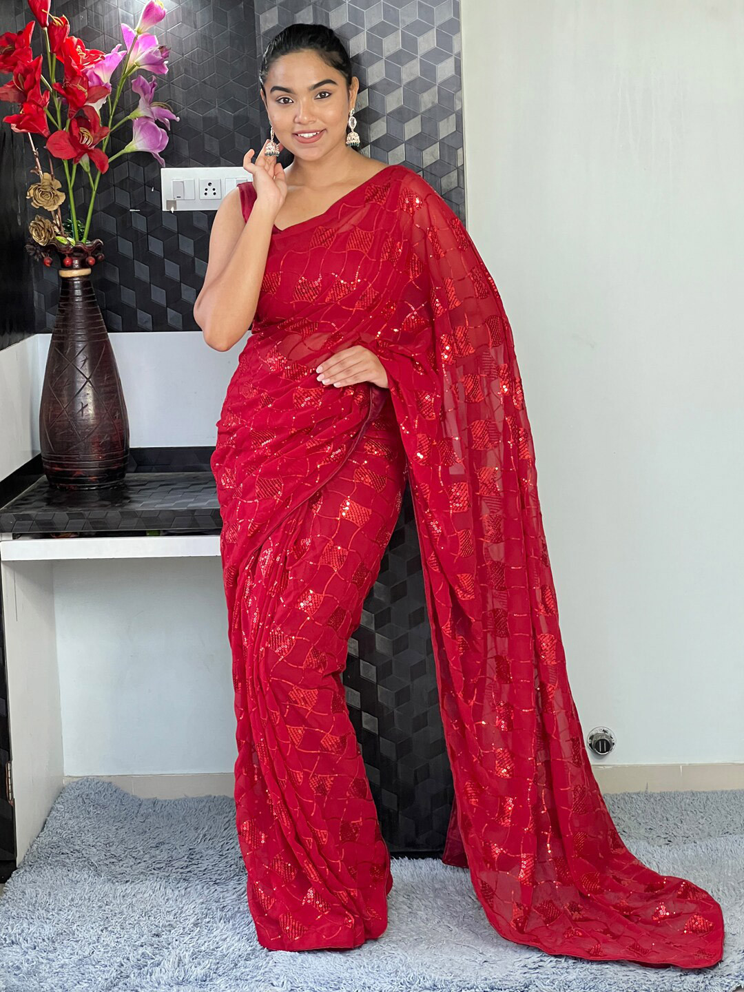 

Mitera Embellished Sequinned Poly Georgette Saree, Red
