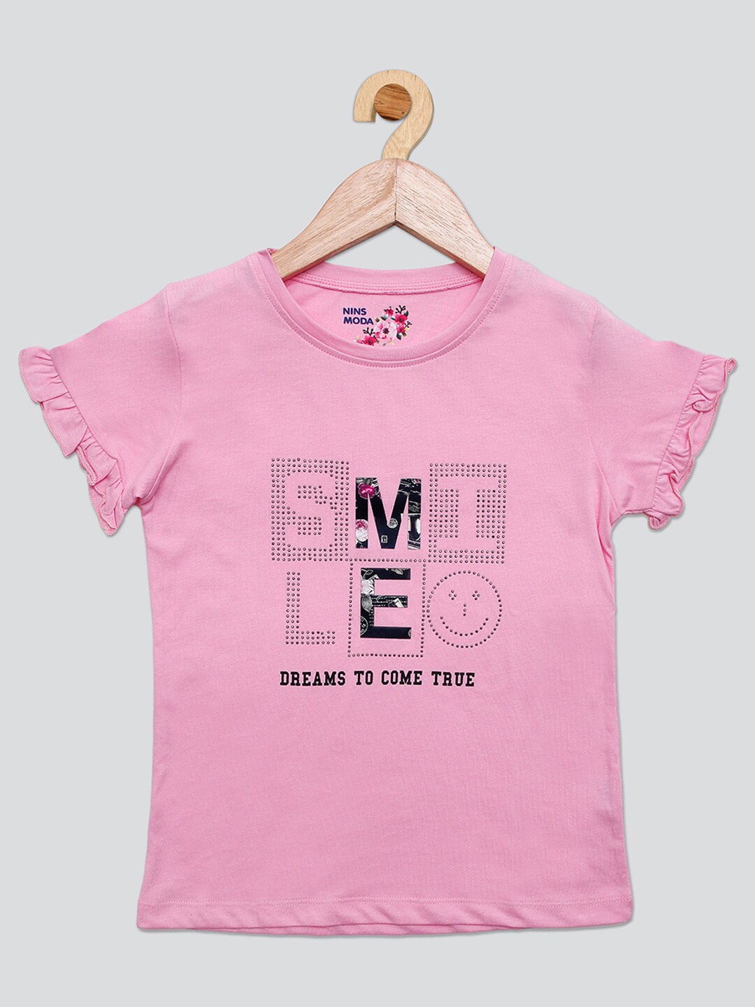 

PAMPOLINA Girls Typography Printed Flutter Sleeves Cotton Top, Pink