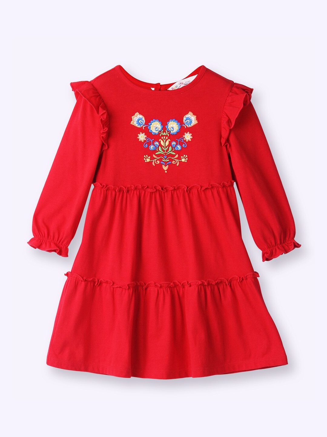 

Beebay Girls Floral Embroidered Puff Sleeves Ruffles Cotton Fit & Flare Dress, Red