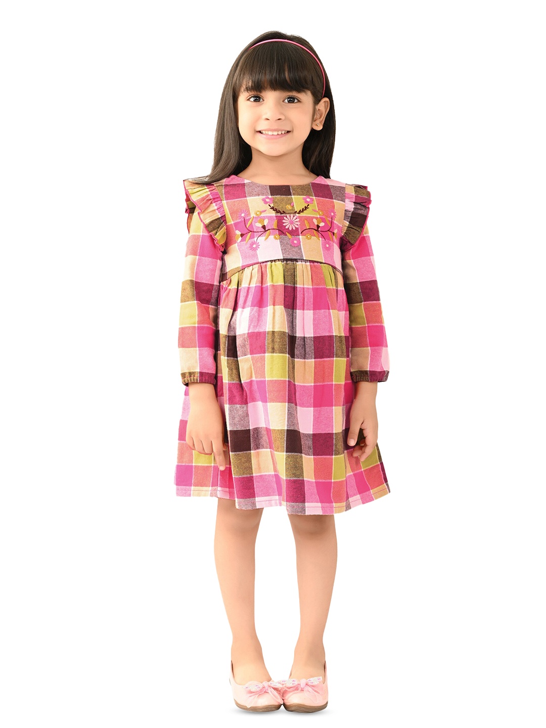

Beebay Girls Checked Ruffles Cotton Fit & Flare Dress, Pink