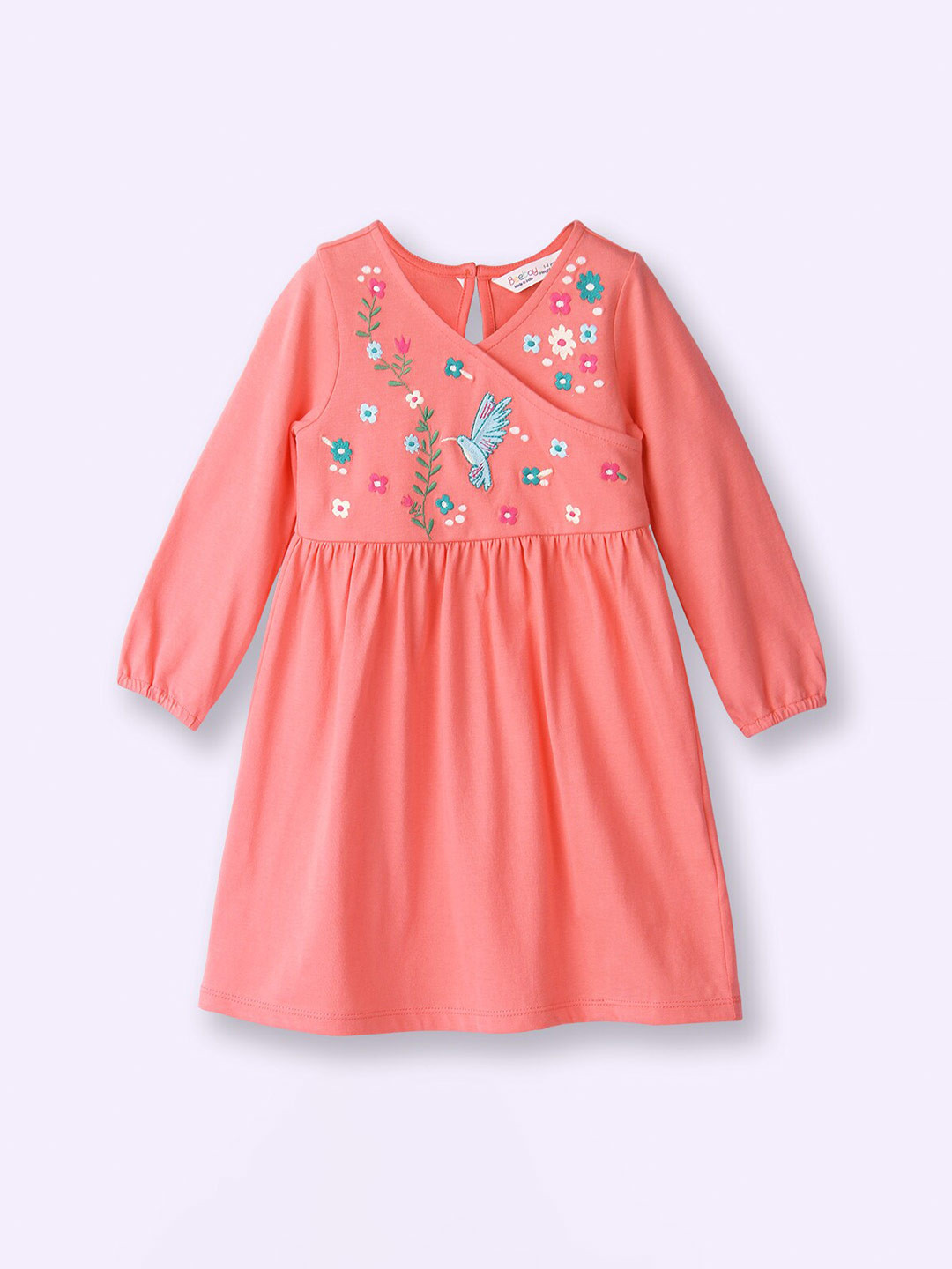 

Beebay Girls Floral Embroidered Puff Sleeves Gathered Cotton Fit & Flare Dress, Coral
