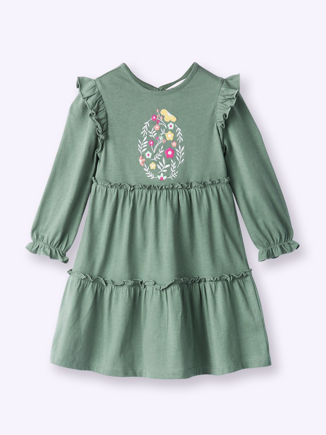 

Beebay Girls Puff Sleeves Cotton Fit & Flare Dress, Olive