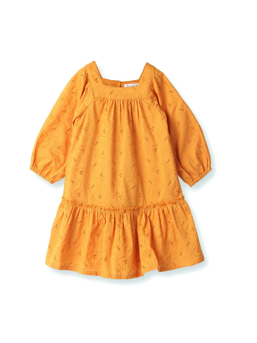 

Beebay Schiffli Puff Sleeves Cotton A-Line Dress, Orange