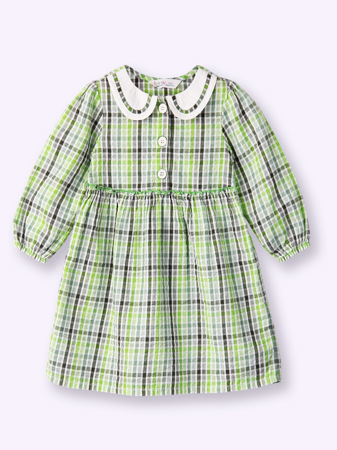 

Beebay Girls Checked Peter Pan Collar Gathered Cotton A-Line Dress, Green