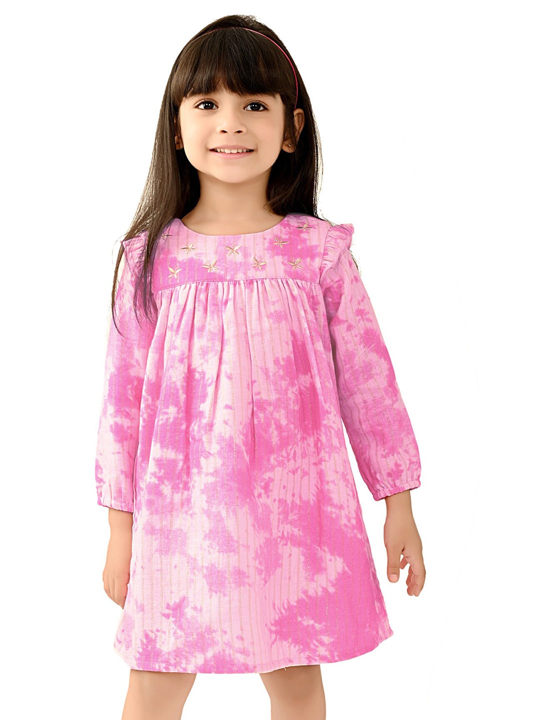 

Beebay Girls Abstract Printed Gathered Cotton A-Line Dress, Pink