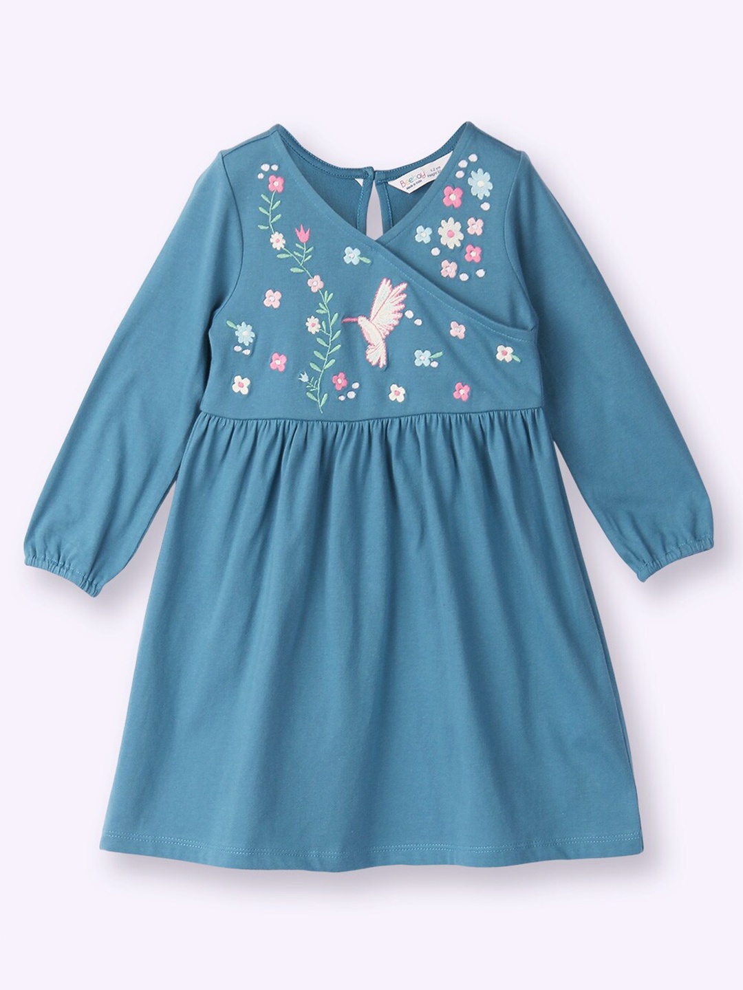 

Beebay Girls Floral Embroidered V-Neck Puff Sleeves Pleated Cotton Fit & Flare Dress, Teal