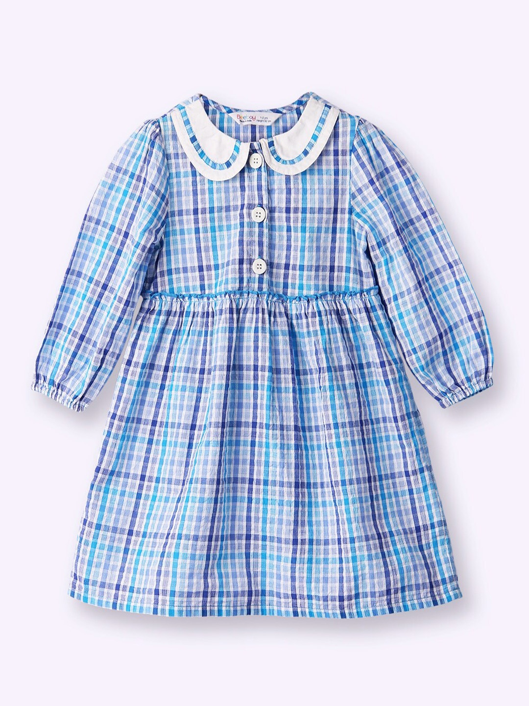

Beebay Girls Checked Peter Pan Collar Puff Sleeves Pleated Cotton Fit & Flare Dress, Blue