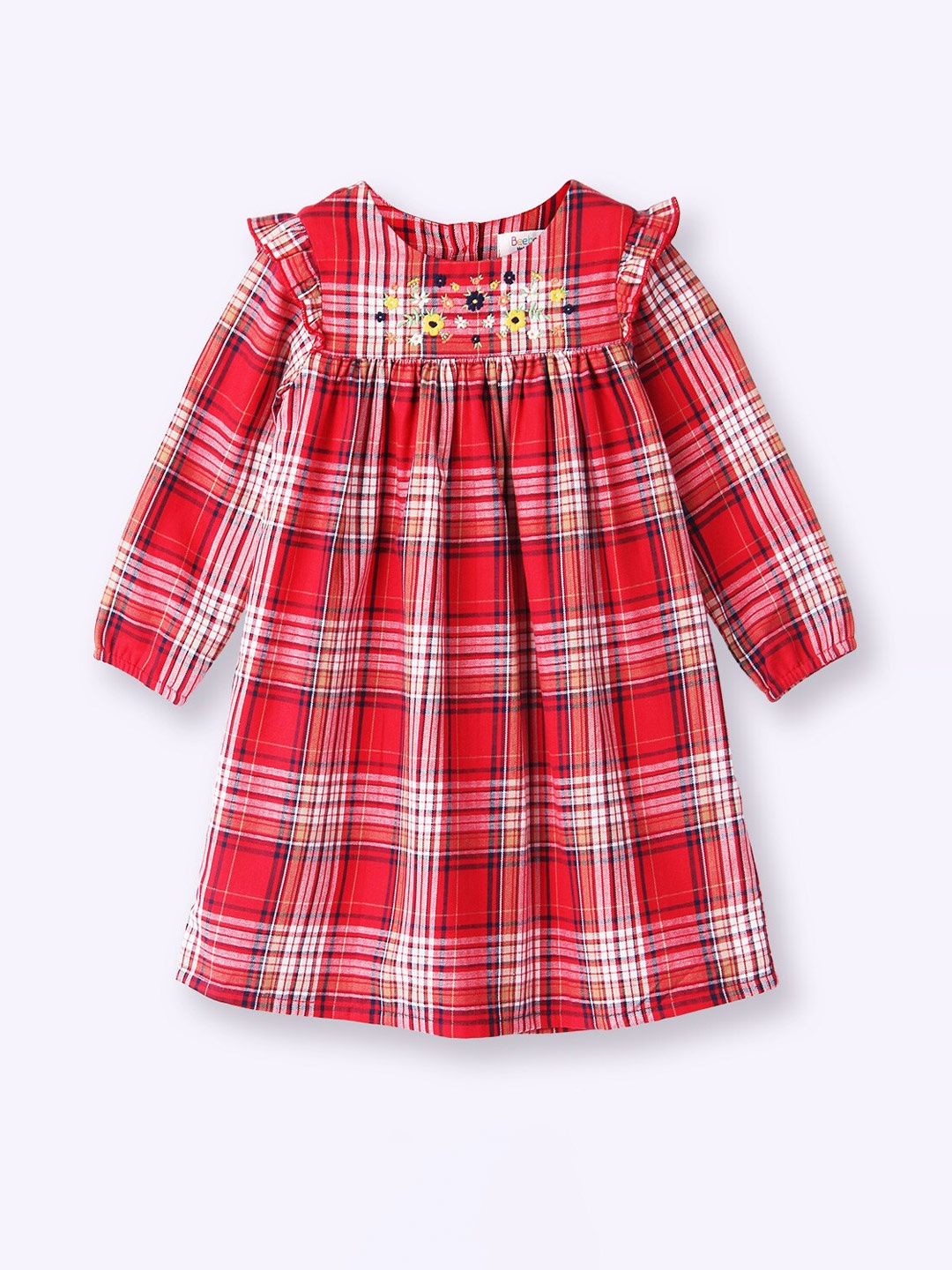 

Beebay Checked Puff Sleeves Pleated Cotton Fit & Flare Dress, Red