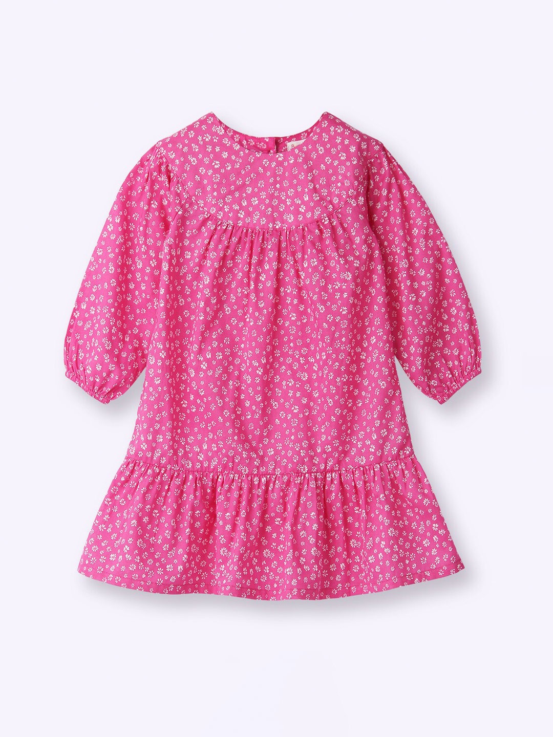 

Beebay Girls Floral Printed Puff Sleeves Pleated Flounce Hem Cotton Drop-Waist Dress, Pink