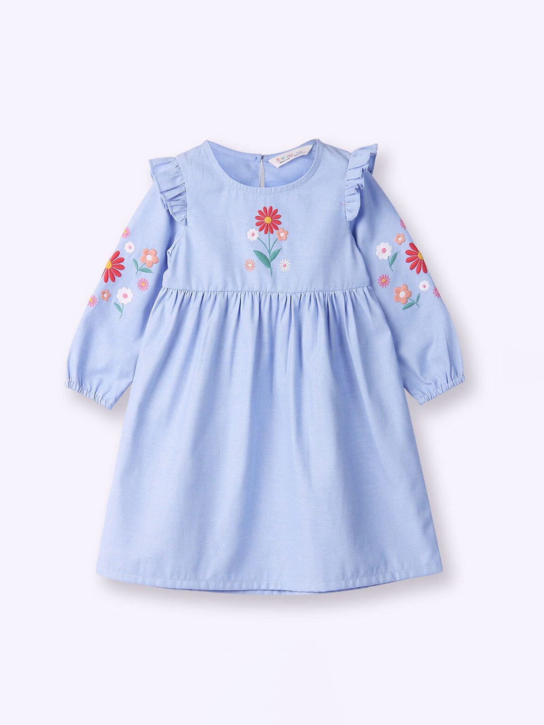 

Beebay Girls Floral Embroidered Puff Sleeves Pleated Cotton Fit & Flare Dress, Blue