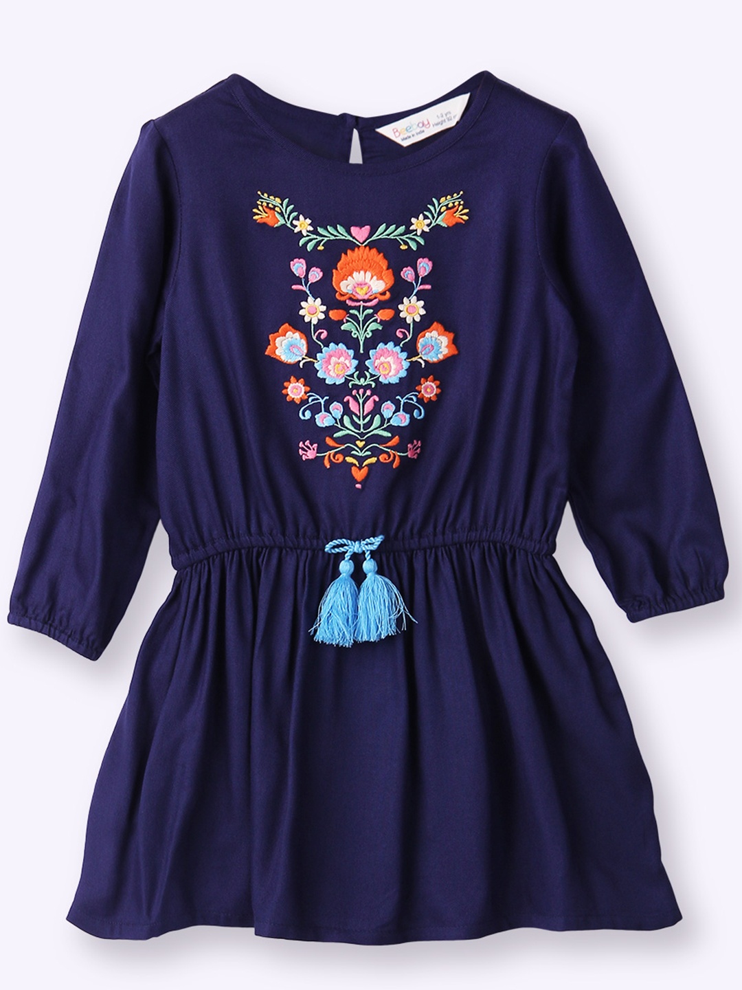 

Beebay Girls Floral Embroidered Puff Sleeves Pleated Fit & Flare Dress, Navy blue