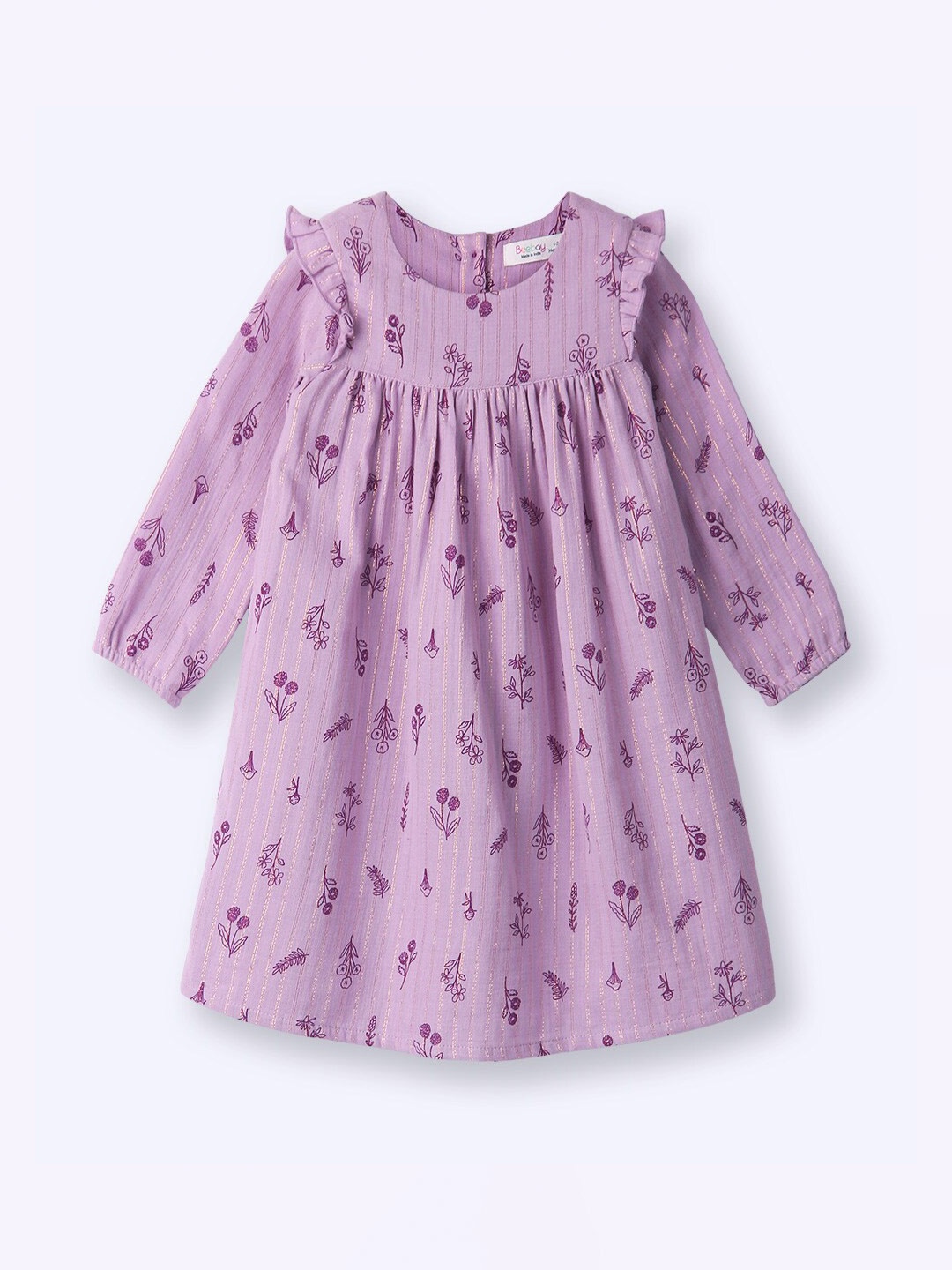 

Beebay Girls Floral Printed Puff Sleeves Pleated Cotton A-Line Dress, Purple
