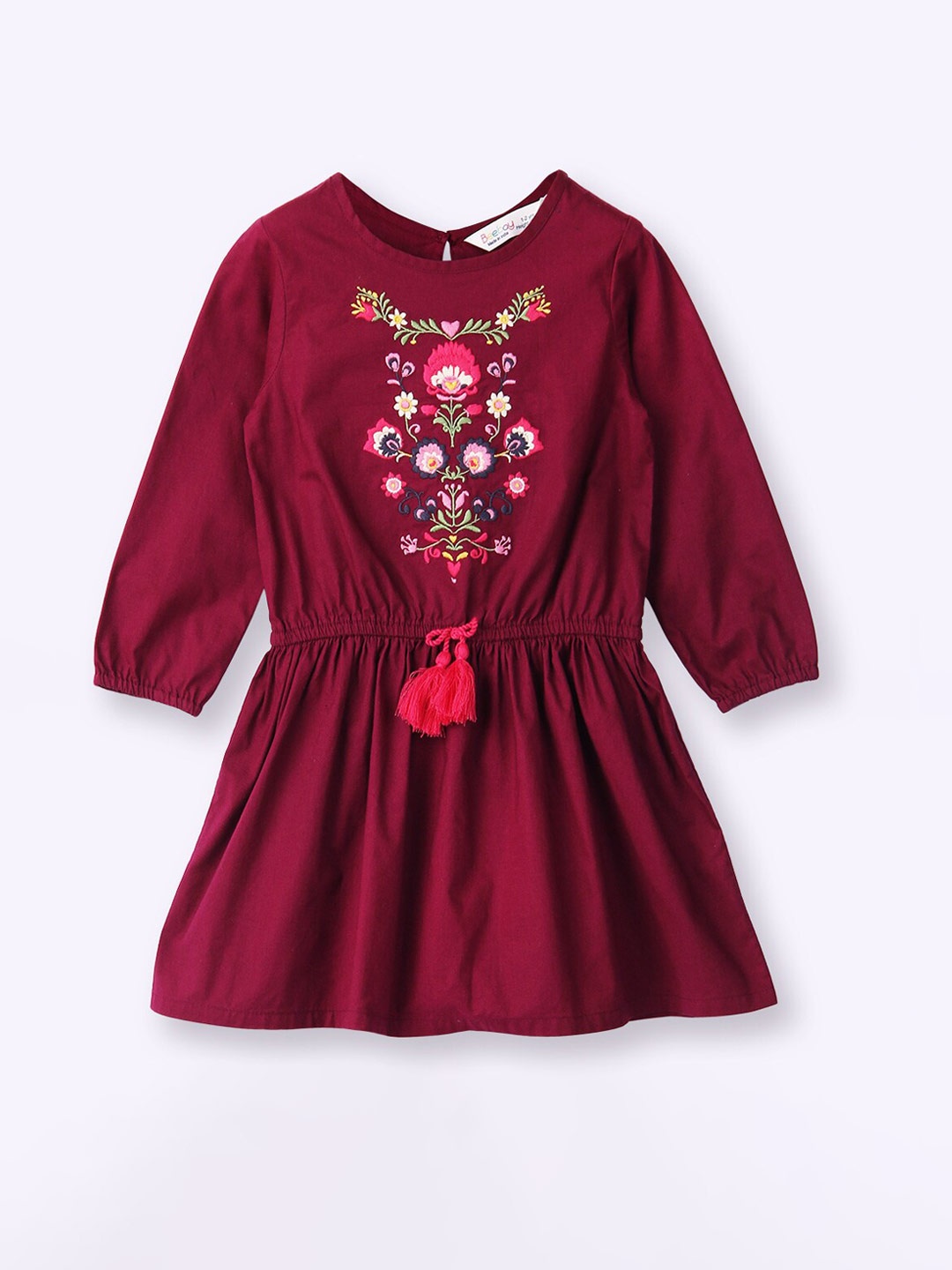 

Beebay Girls Floral Embroidered Waist Tie-Up Cotton A-Line Dress, Maroon