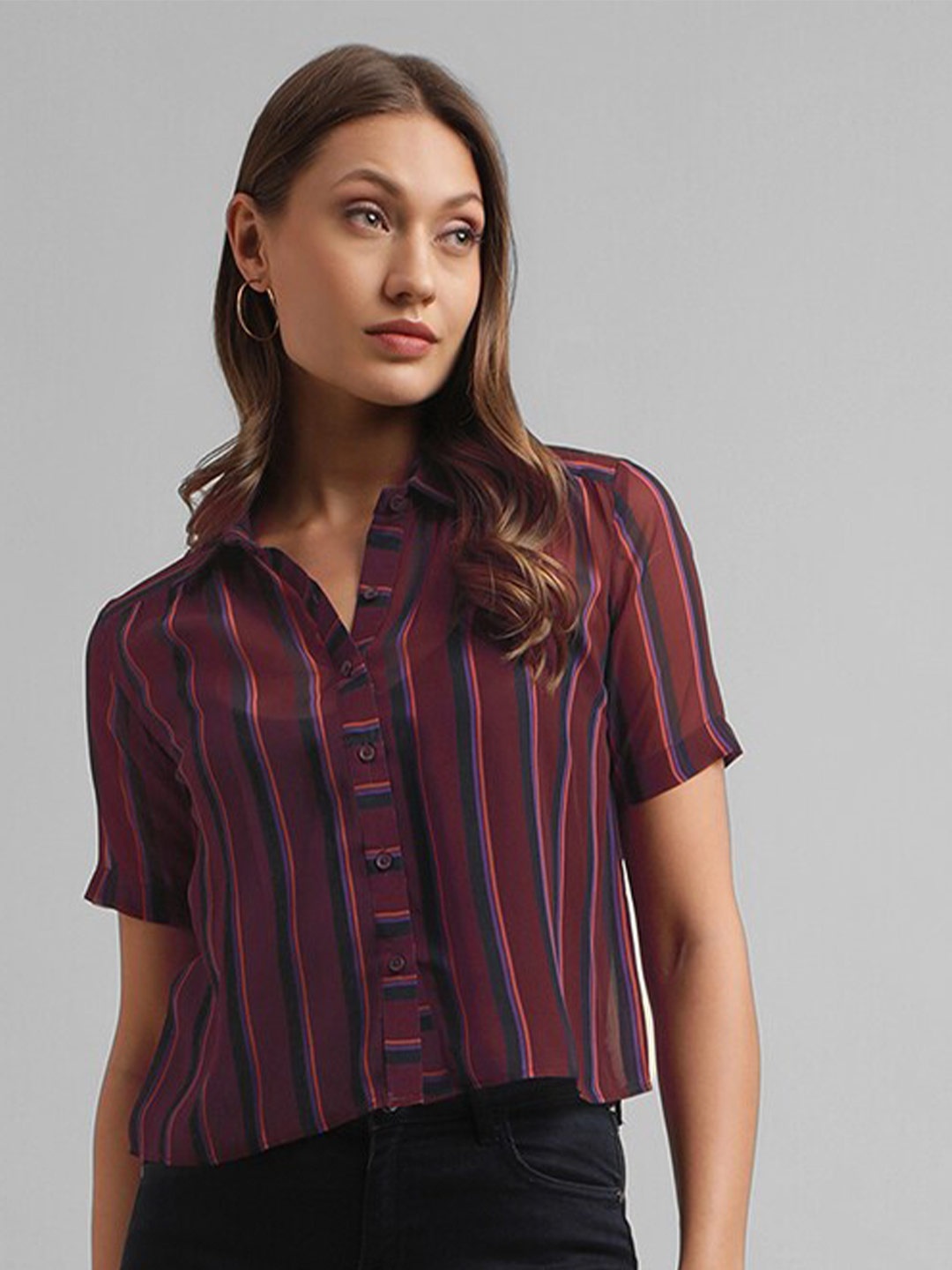 

Selvia Opaque Striped Georgette Casual Shirt, Brown