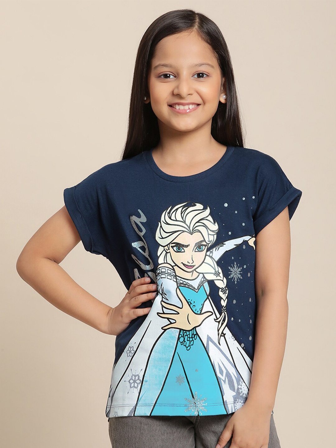 

Kids Ville Girls Frozen Printed Pure Cotton Tshirt, Navy blue