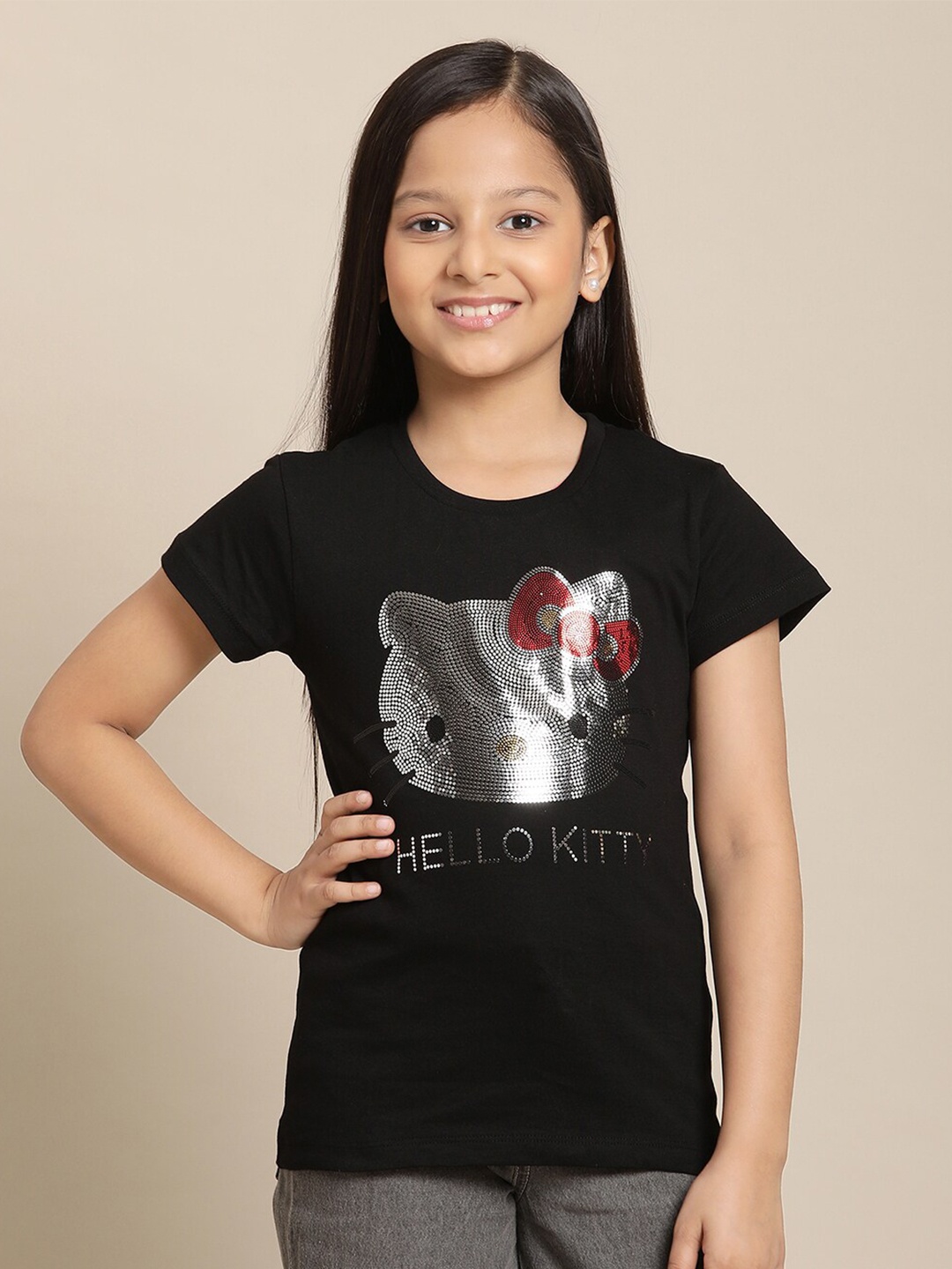 

Kids Ville Girls Hello Kitty Embellished Cotton Tshirt, Black