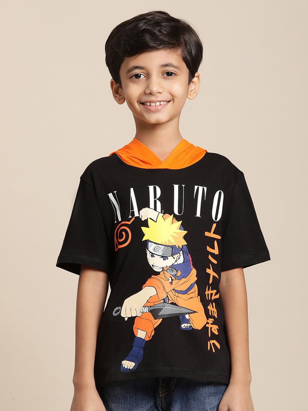 

Kids Ville Boys Naruto Printed Hooded Pure Cotton Tshirt, Black