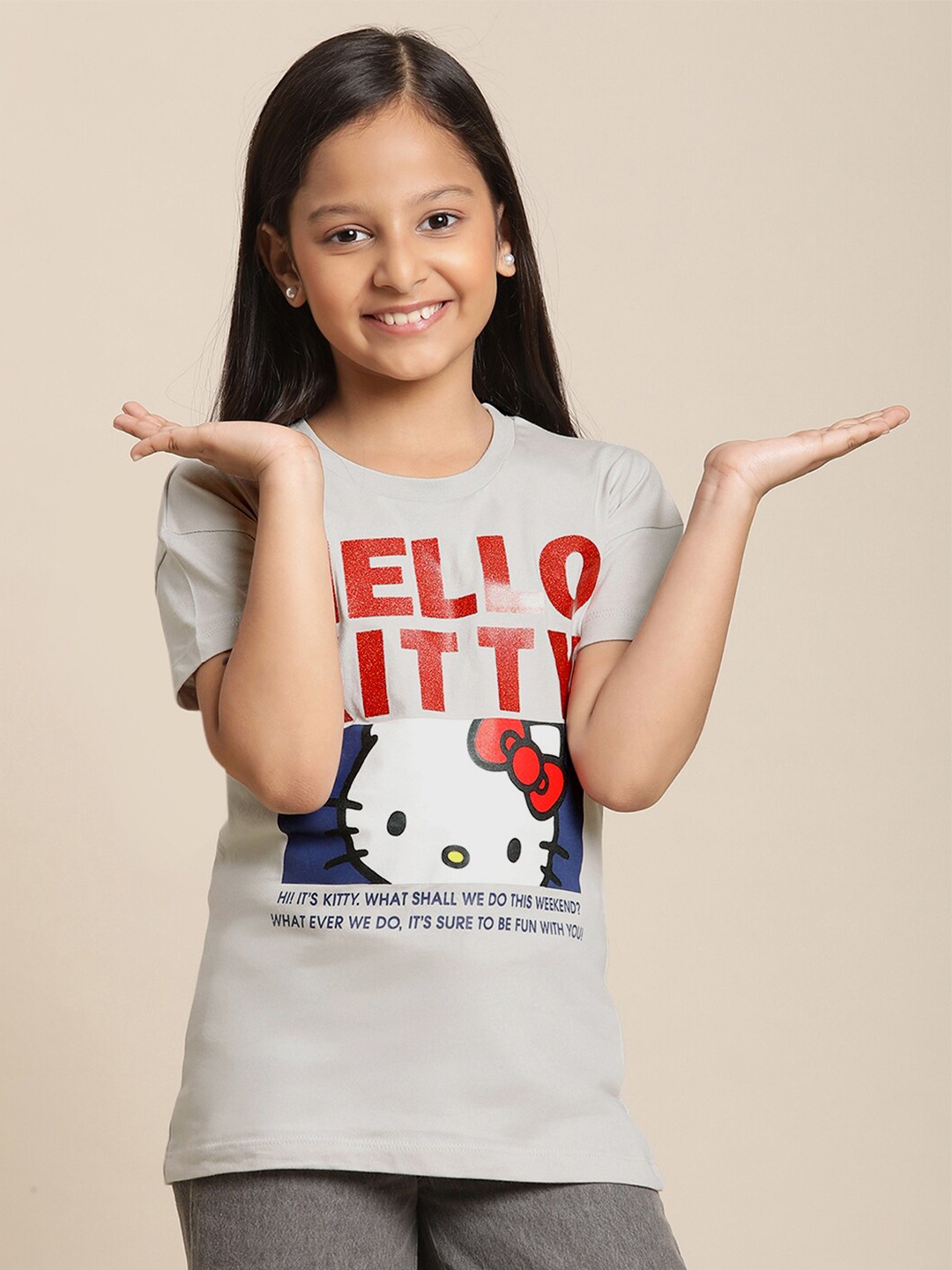 

Kids Ville Girls Hello Kitty Printed Pure Cotton Tshirt, Grey