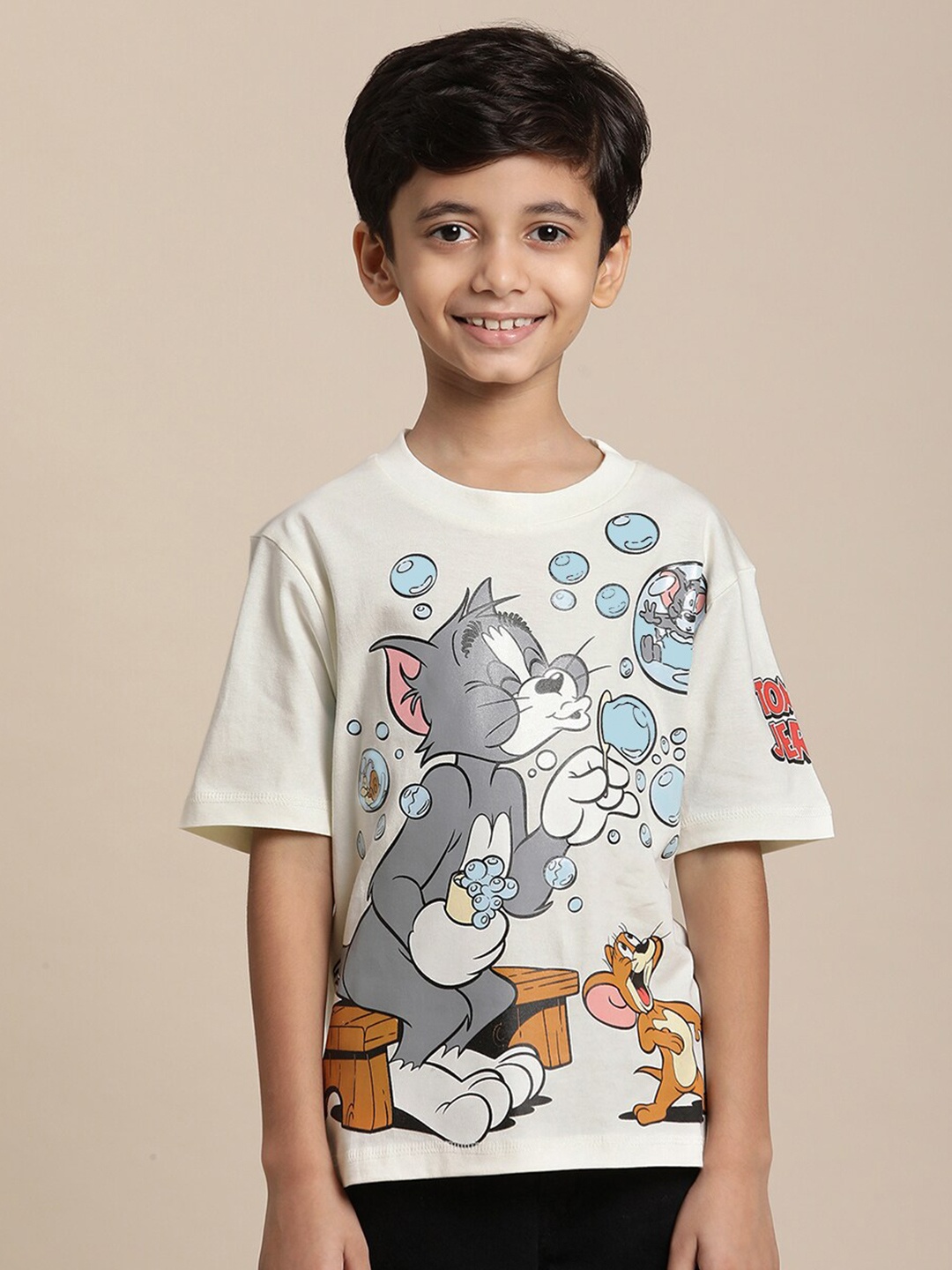 

Kids Ville Boys Tom & Jerry Printed Pure Cotton Tshirt, Off white