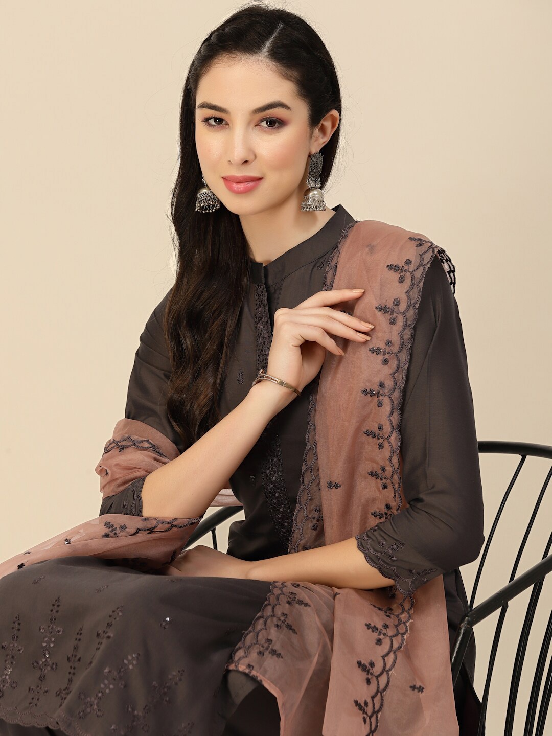 

Sangria Embroidered Straight Kurta With Trouser & Dupatta, Brown