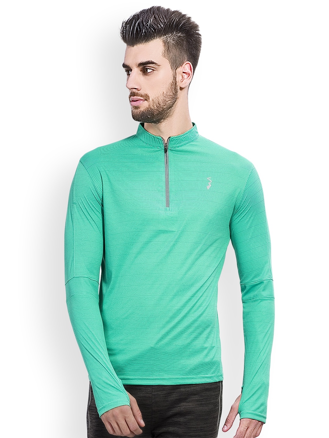 

Campus Sutra Men Sea Green Solid Mandarin Collar T-shirt