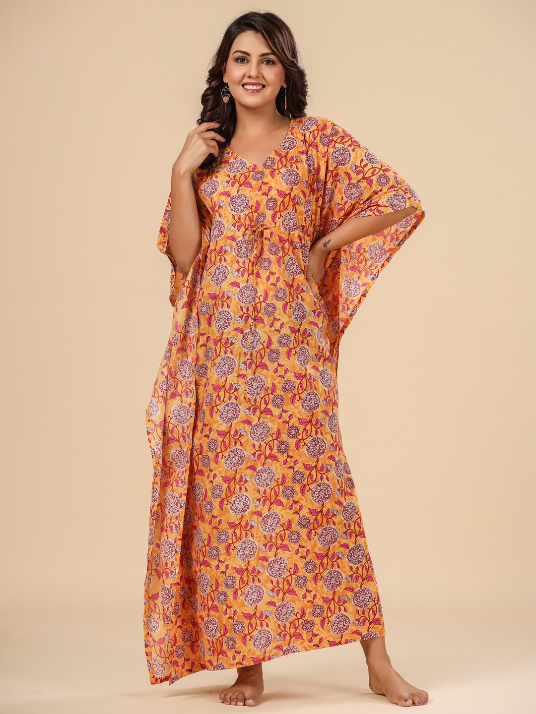 

Ikk Kudi by Seerat Printed Cotton Maxi Kaftan Nightdress, Yellow