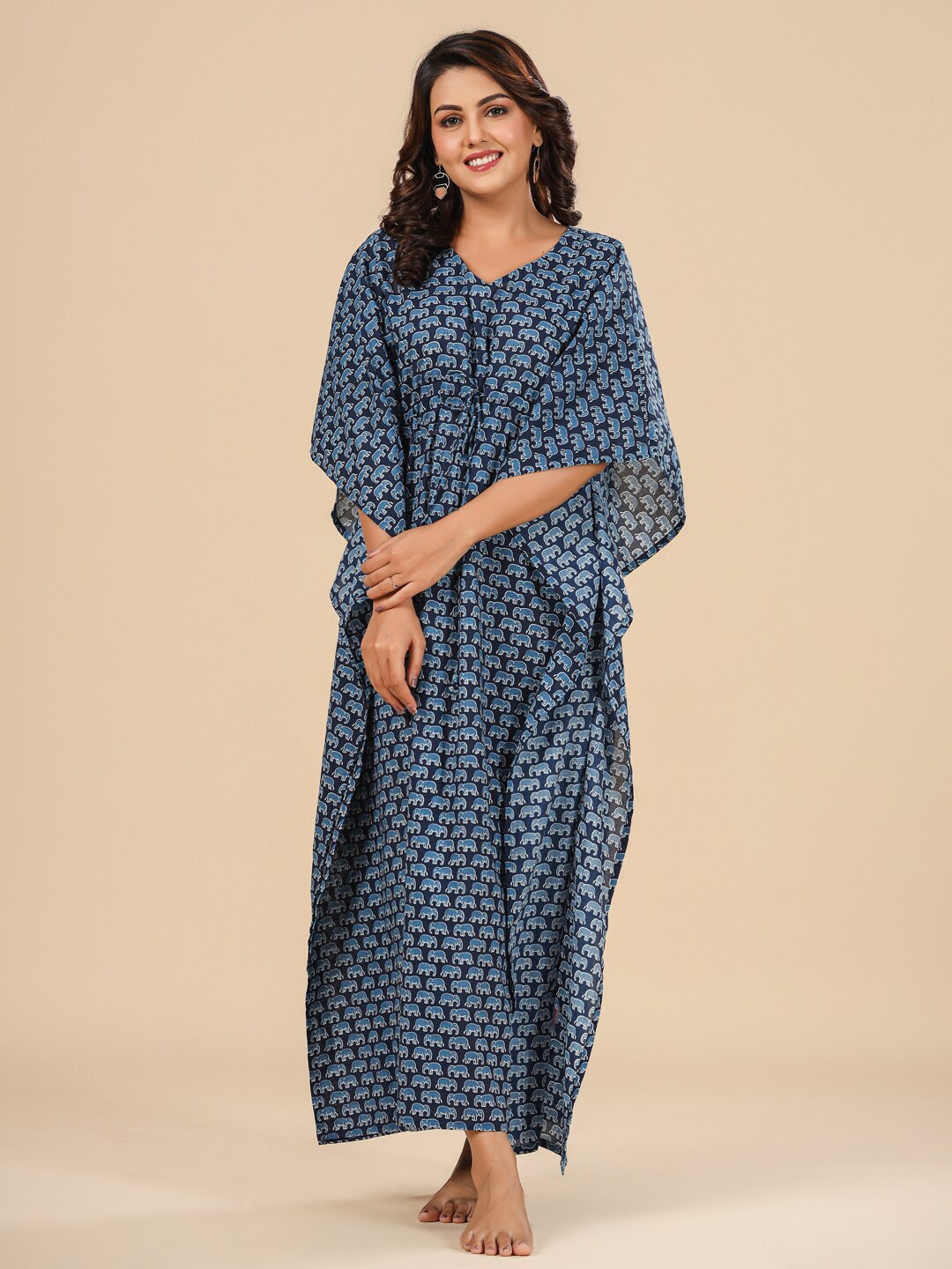 

Ikk Kudi by Seerat Printed Cotton Maxi Kaftan Nightdress, Blue