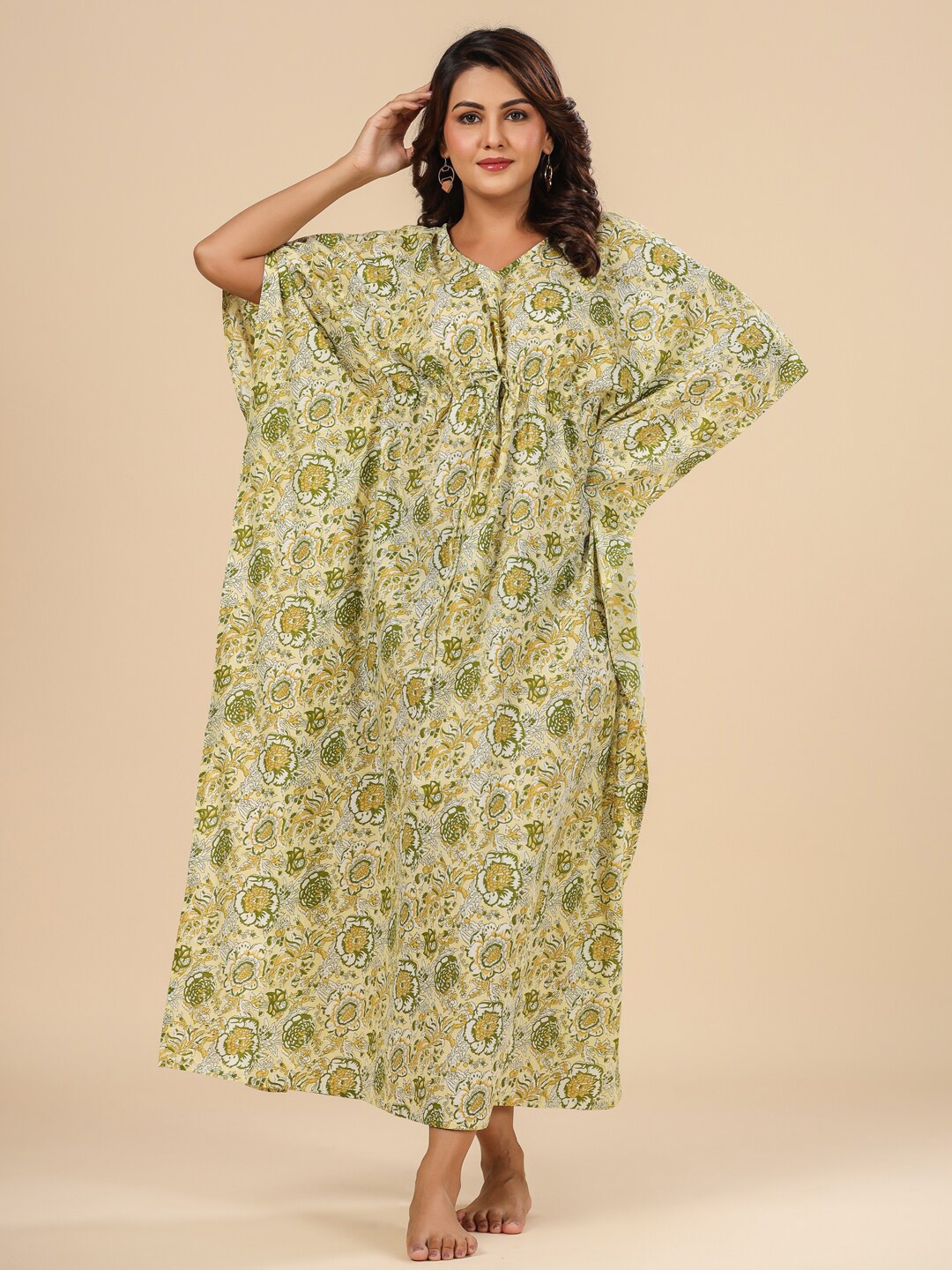 

Ikk Kudi by Seerat Floral Printed Cotton Maxi Kaftan Nightdress, Yellow