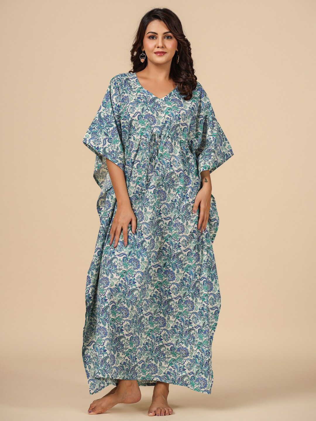

Ikk Kudi by Seerat Floral Printed Cotton Maxi Kaftan Nightdress, Blue