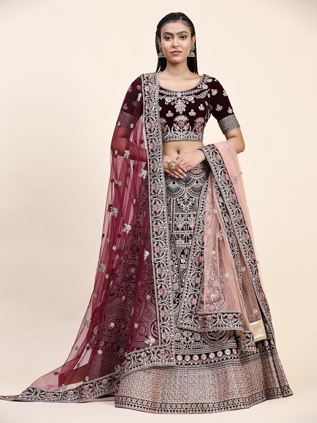 

Phenav Embroidered Thread Work Ready to Wear Lehenga With Blouse & Dupatta, Maroon