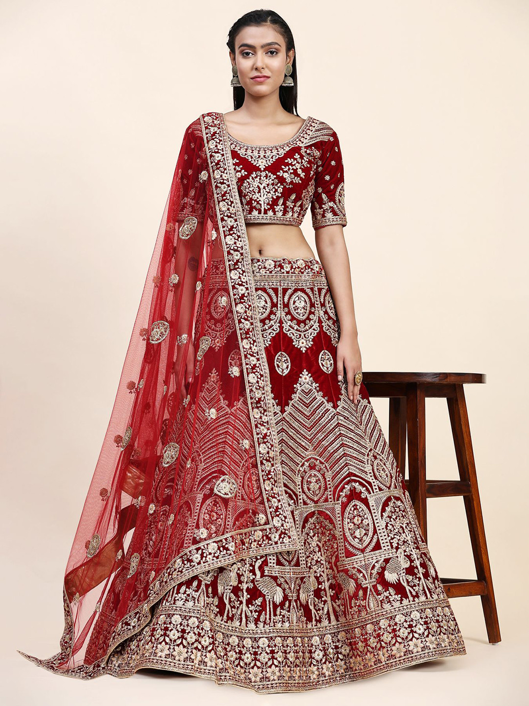 

Phenav Embroidered Thread Work Ready to Wear Lehenga & Blouse With Dupatta, Red