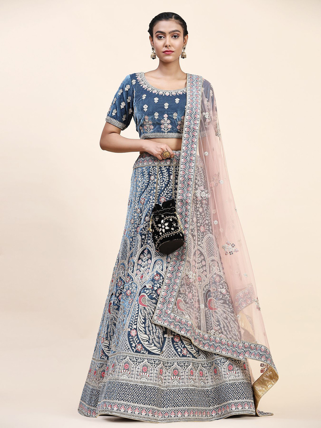 

Phenav Embroidered Thread Work Ready to Wear Lehenga With Blouse & Dupatta, Blue