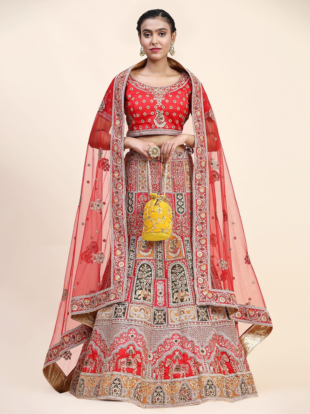 

Phenav Embroidered Thread Work Ready to Wear Lehenga With Blouse & Dupatta, Red